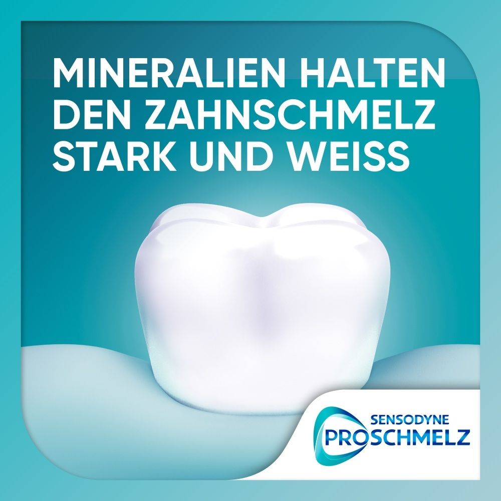 Mineralien halten Zahnschmelz stark und weiß, mit Sensodyne ProSchmelz Logo.