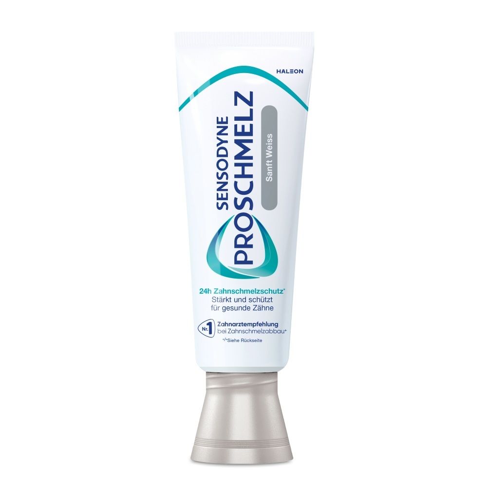Sensodyne Proschmelz Zahnpasta Tube mit Aufsatz.