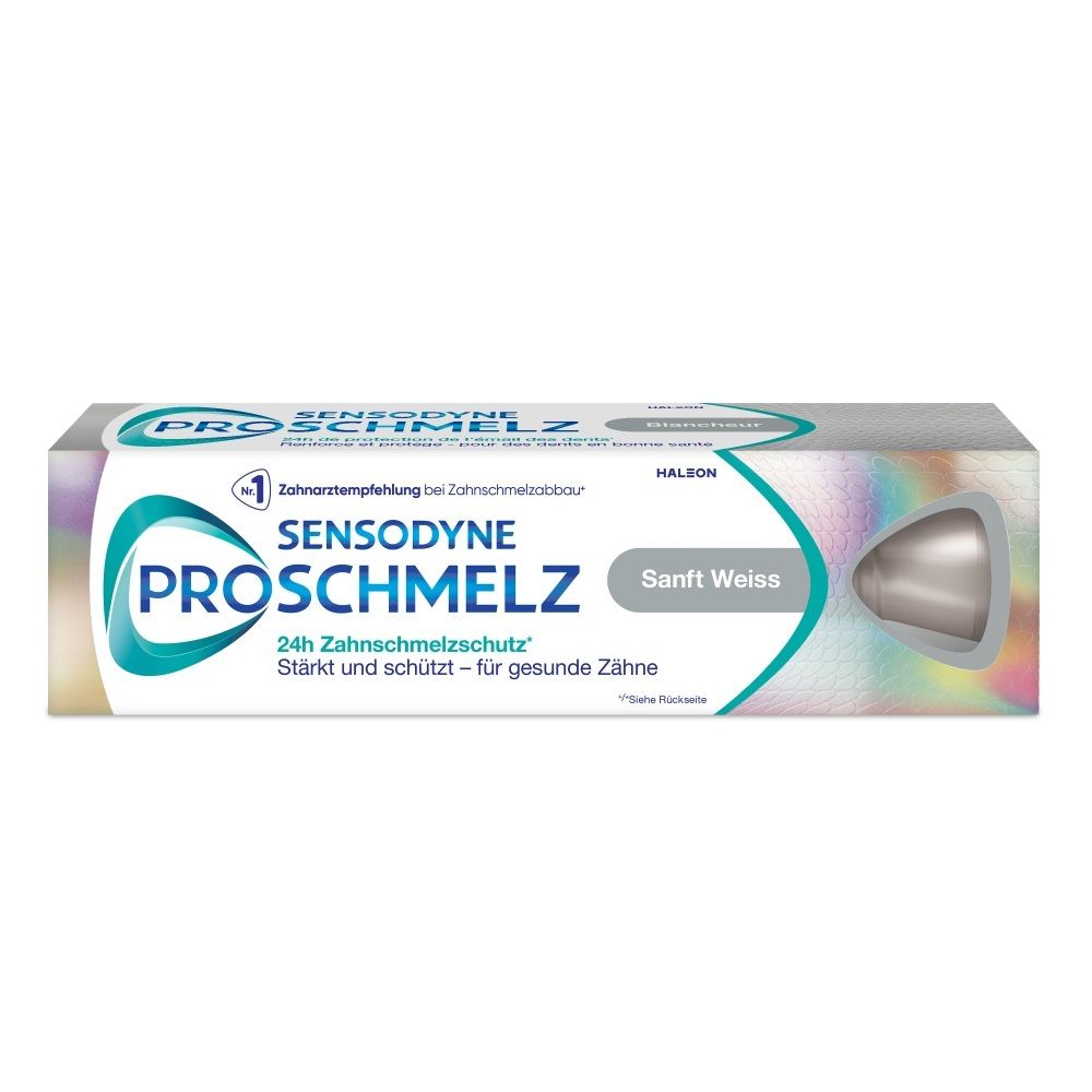 Verpackung Sensodyne ProSchmelz Sanft Weiss Zahnpasta mit Darstellung des Produkts.