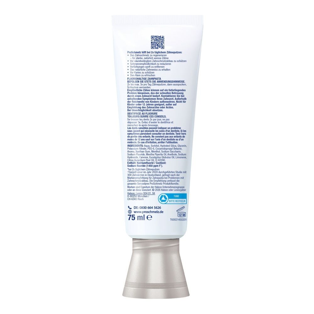 Rückseite einer Sensodyne ProSchmelz Zahnpastatube mit 75 ml Inhalt und Anwendungshinweisen.