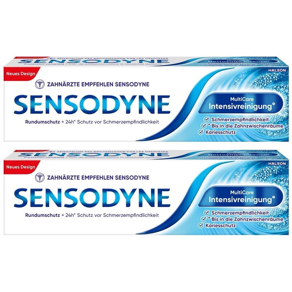Zwei Tuben Sensodyne MultiCare Intensivreinigung Zahnpasta. Blaue und weiße Verpackung mit Produktnamen und Eigenschaften. Zahnärzte empfehlen Sensodyne.