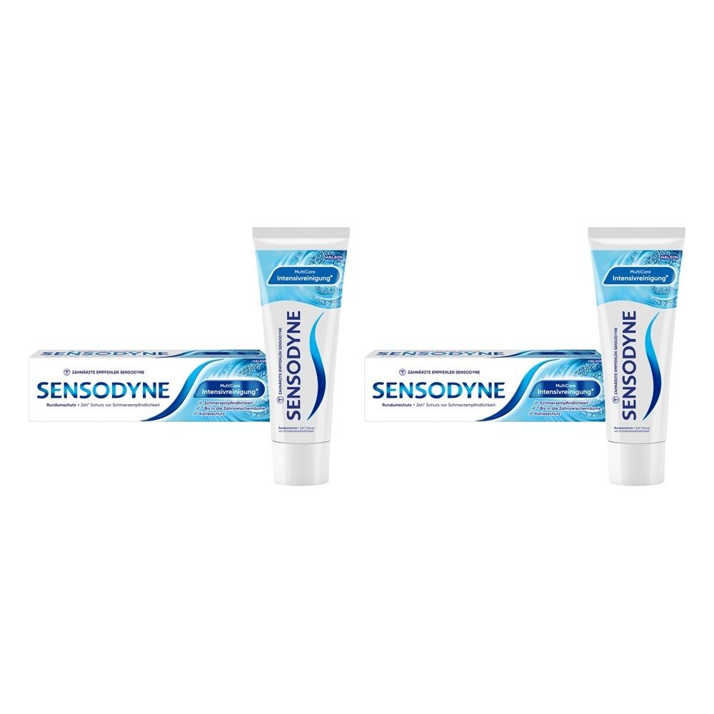 Zwei Tuben und Schachteln Sensodyne Zahnpasta mit Wellenmuster.