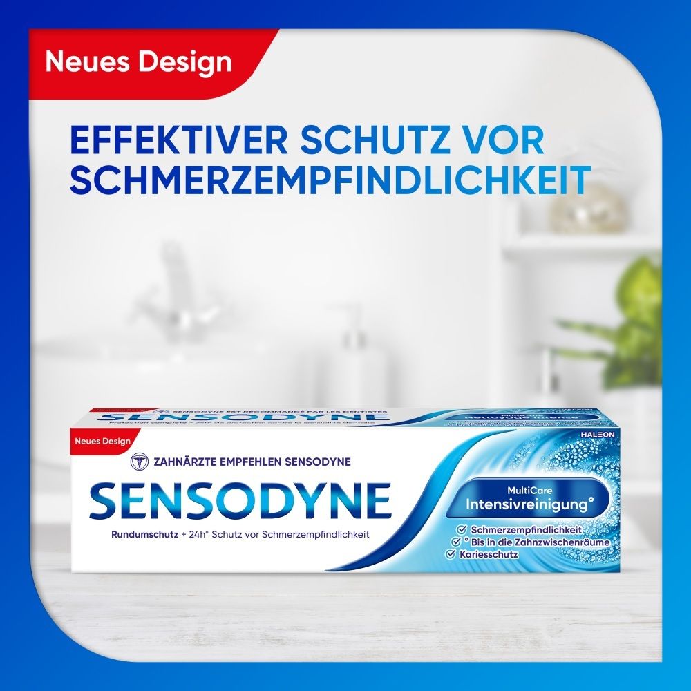 Sensodyne Zahnpasta mit "Neues Design"-Aufdruck. Bietet effektiven Schutz vor Schmerzempfindlichkeit und intensive Reinigung.
