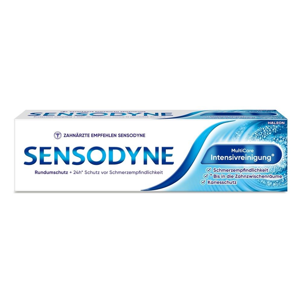 Sensodyne MultiCare Intensivreinigung Zahnpasta-Verpackung mit blauen Wellen und Blasen.
