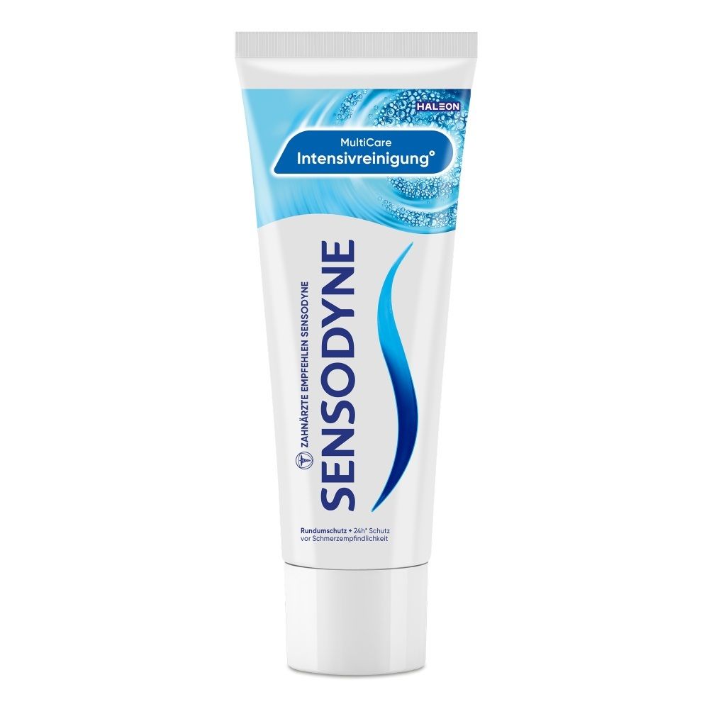 Sensodyne Zahnpasta-Tube mit der Aufschrift "MultiCare Intensivreinigung".