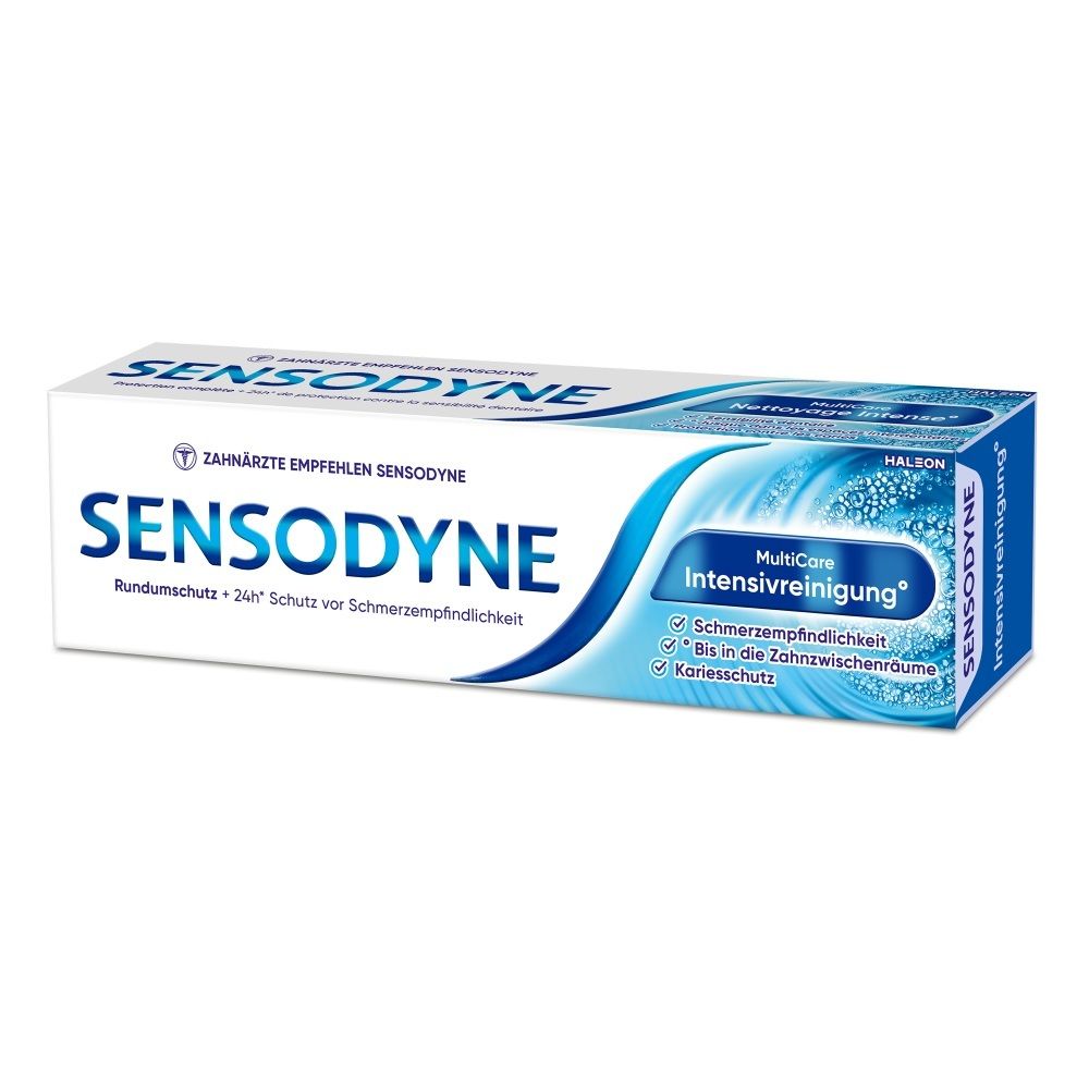 Sensodyne Zahnpasta-Tube und Kartonverpackung mit der Aufschrift "MultiCare Intensivreinigung".
