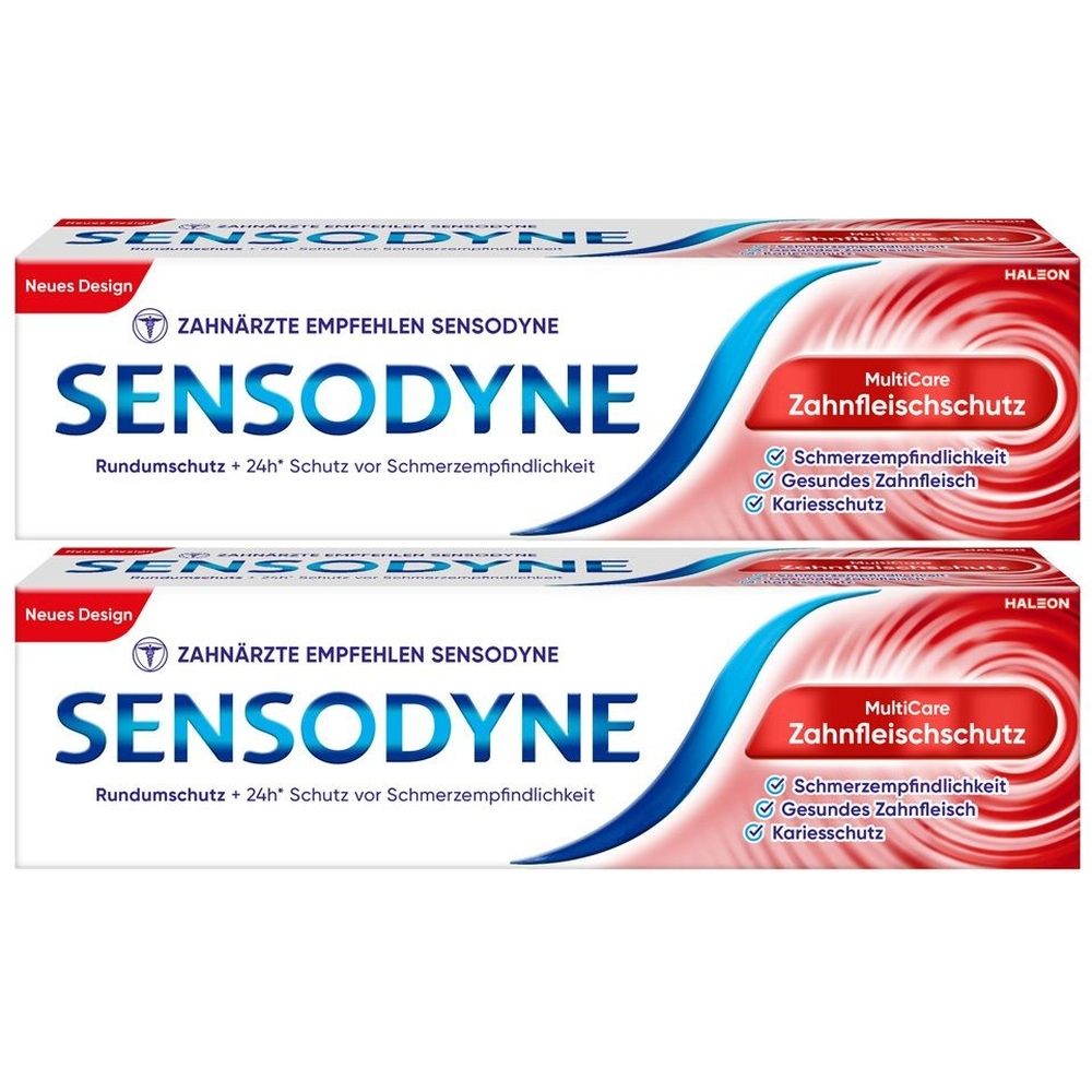 Zwei Tuben Sensodyne Zahnpasta. Aufschrift: MultiCare Zahnfleischschutz. Empfohlen von Zahnärzten. Rundumschutz und Schutz vor Schmerzempfindlichkeit.