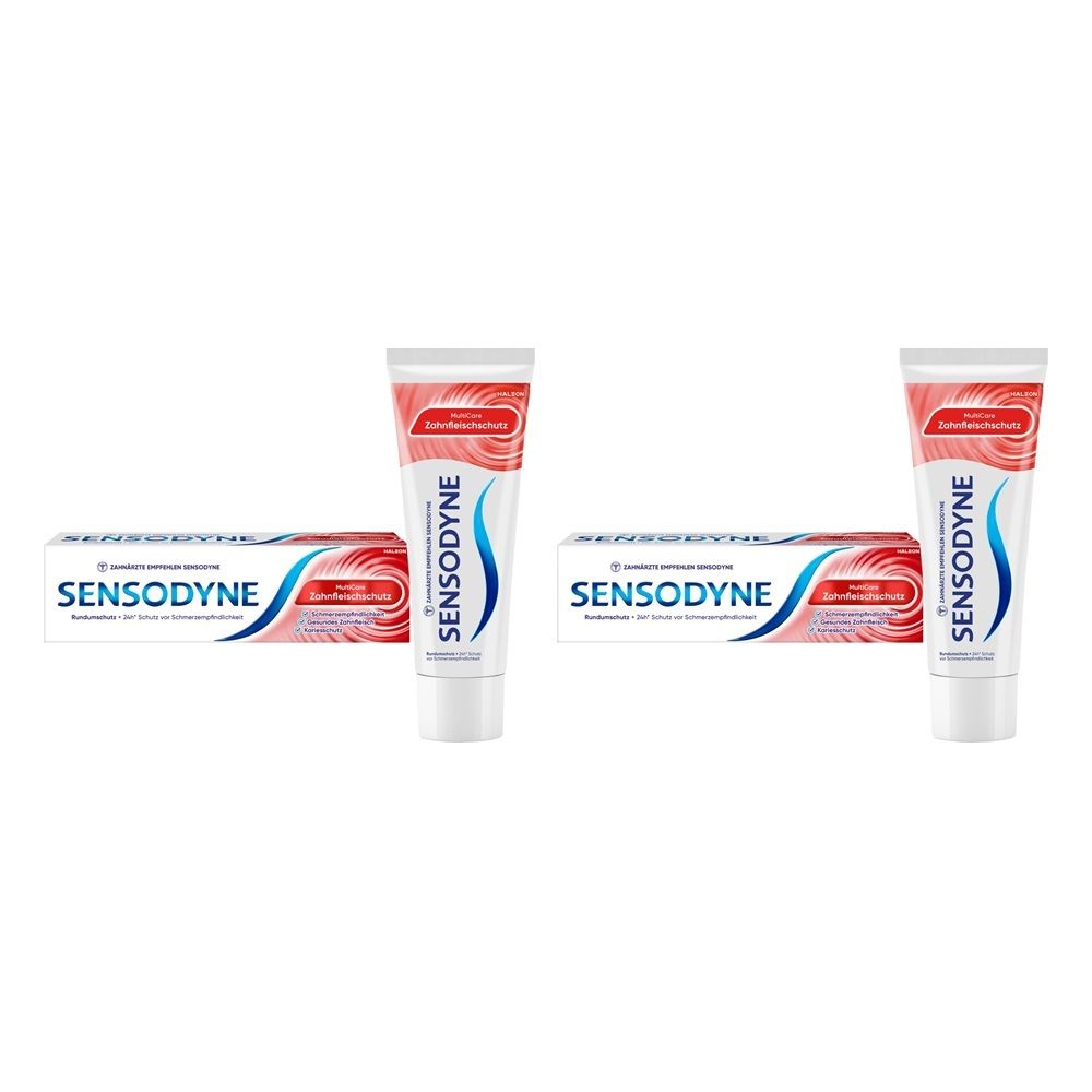 Zwei Tuben und Schachteln Sensodyne Zahnpasta mit rotem und blauem Design.