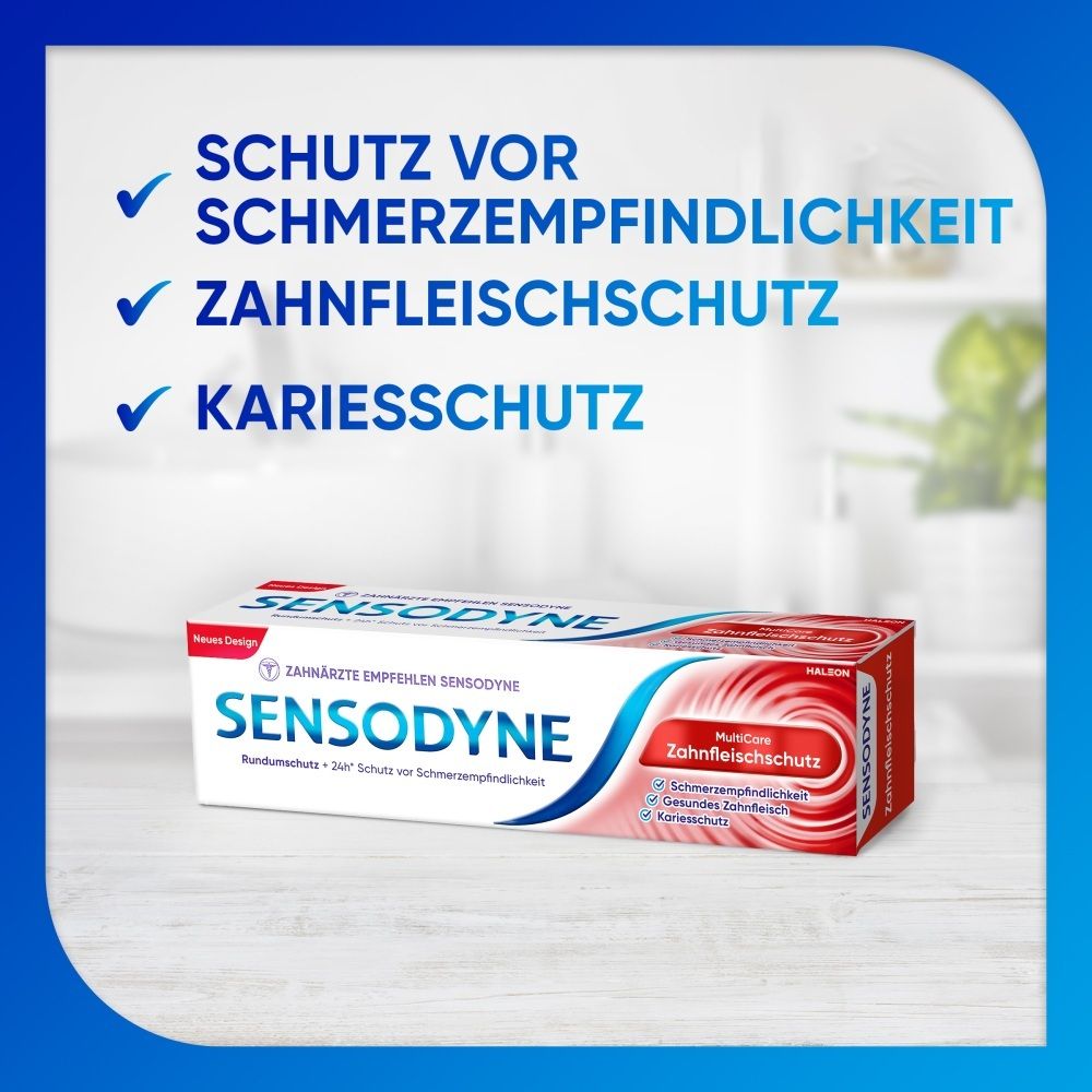 Sensodyne Zahnpasta-Packung mit Schutz vor Schmerzempfindlichkeit, Zahnfleischschutz und Kariesschutz.