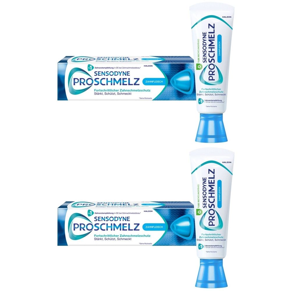 Zwei Tuben und zwei Schachteln Zahnpasta. Auf den Tuben und Schachteln steht "Sensodyne ProSchmelz".
