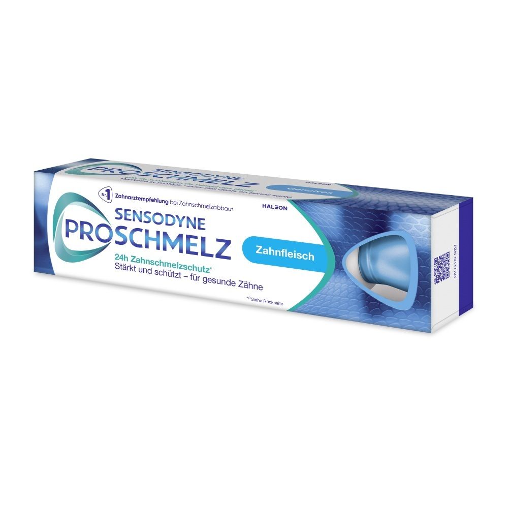 Sensodyne ProSchmelz Zahnschmelzschutz Zahnpasta-Verpackung mit blauen und weißen Designelementen.
