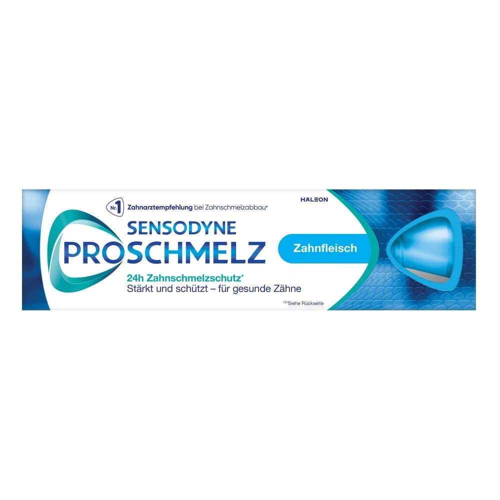 Verpackung von Sensodyne ProSchmelz Zahnpasta mit dem Hinweis 'Zahnfleisch'.