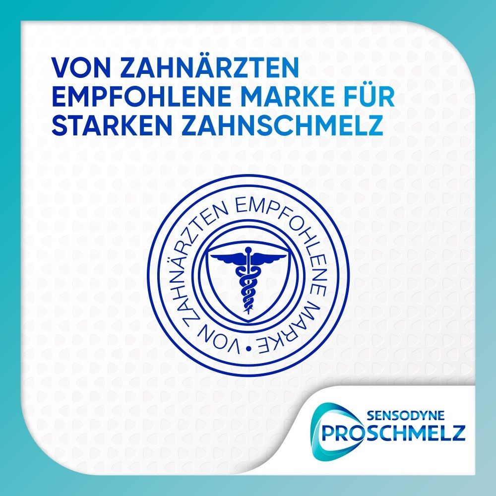 Zahnarzt-empfohlene Marke für starken Zahnschmelz mit Sensodyne ProSchmelz Logo.