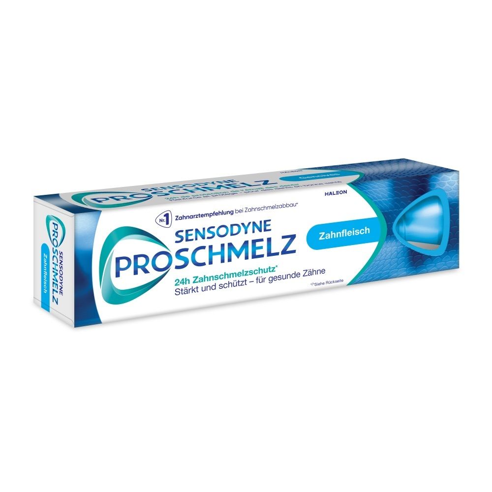 Sensodyne ProSchmelz Zahnpasta-Verpackung mit blauen und weißen Designelementen.