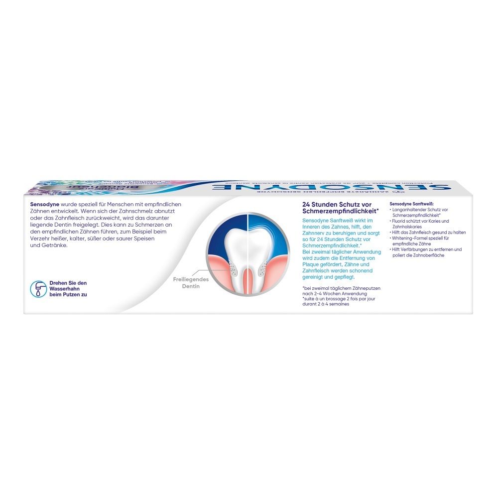 Rückseite der Sensodyne ProSchmelz Repair Zahnpasta-Verpackung mit Informationen und Zahnabbildung.