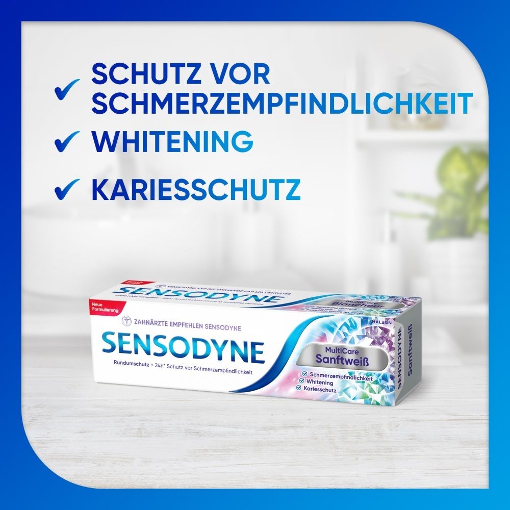 Verpackung von Sensodyne Zahnpasta mit Aufzählungspunkten für Schutz, Aufhellung und Kariesschutz.