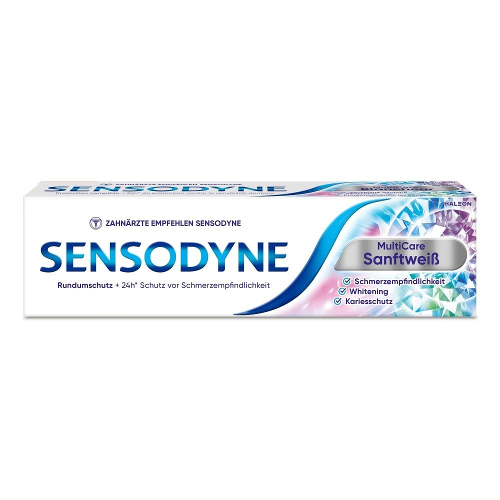 Sensodyne Zahnpasta-Verpackung "Sanftweiß" mit blau-weißen und bunten Designelementen.
