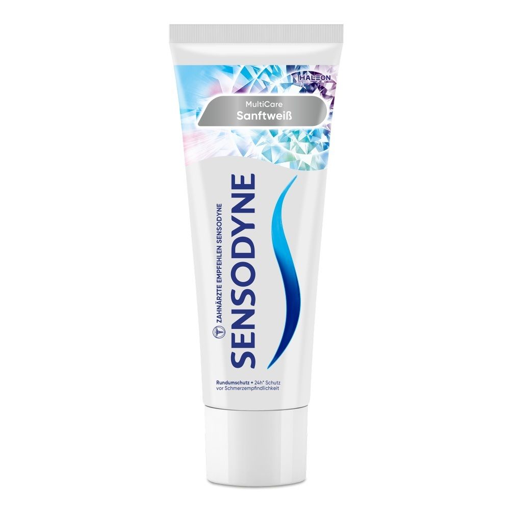 Sensodyne Sanftweiß Zahnpasta-Tube mit blauem Wellenlogo und geometrischem Muster.