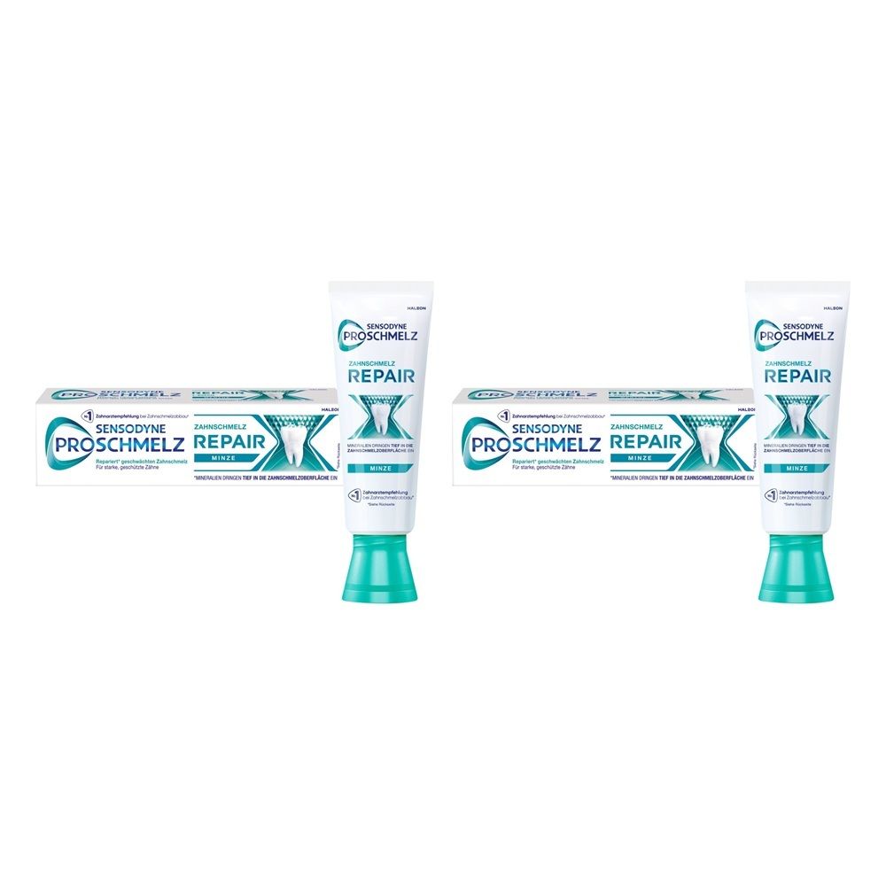 Zwei Tuben und Schachteln Sensodyne ProSchmelz Repair Zahnpasta.