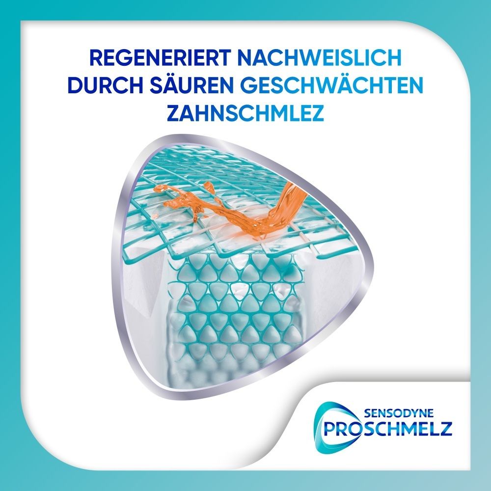 Grafische Darstellung der Zahnschmelzreparatur mit orangefarbenem Material, das in ein blaues Gitter eindringt.