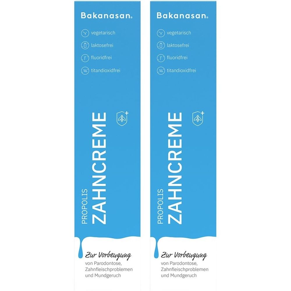 Zwei blaue Verpackungen mit weißer Schrift. Oben steht "Bakanasan.", darunter "Zahncreme". Text: vegetarisch, laktosefrei, fluoridfrei, titandioxidfrei.