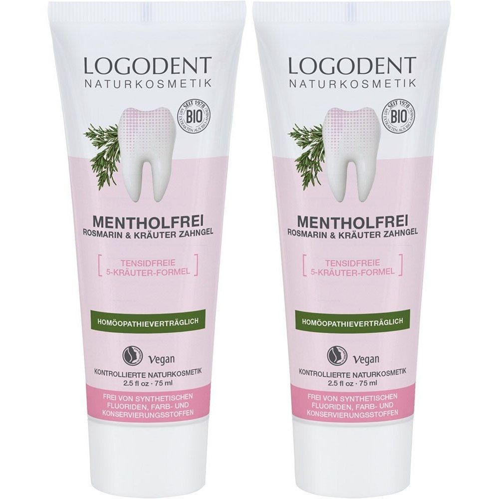 Zwei Tuben Zahngel. Aufschrift: LOGODENT, MENTHOLFREI, ROSMARIN & KRÄUTER ZAHNGEL. Bio-Siegel, Vegan-Logo. Weiße Tube mit rosa und grünen Elementen.