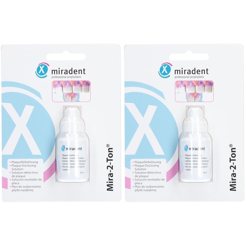 Zwei Packungen mit Flaschen. Auf der Verpackung steht "miradent" und "Mira-2-Ton". Die Flaschen enthalten eine Flüssigkeit.