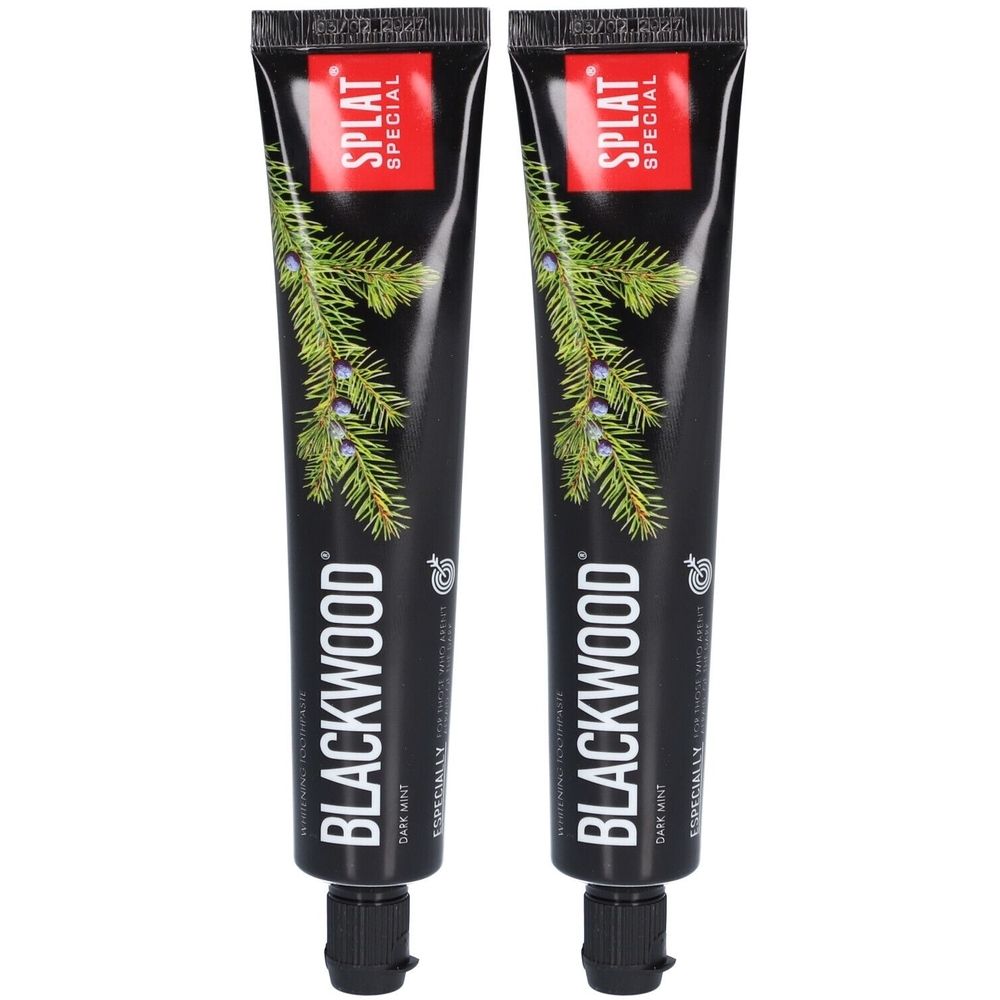 Zwei Tuben Zahnpasta. Schwarze Tuben mit grünen Zweigen und der Aufschrift "BLACKWOOD" und "SPLAT SPECIAL".