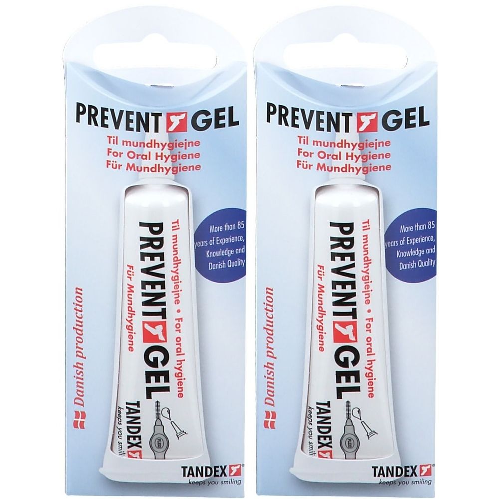 Zwei Tuben Prevent Gel in Blisterverpackung. Weiße Tuben mit roter und blauer Schrift. Aufschrift: TANDEX.