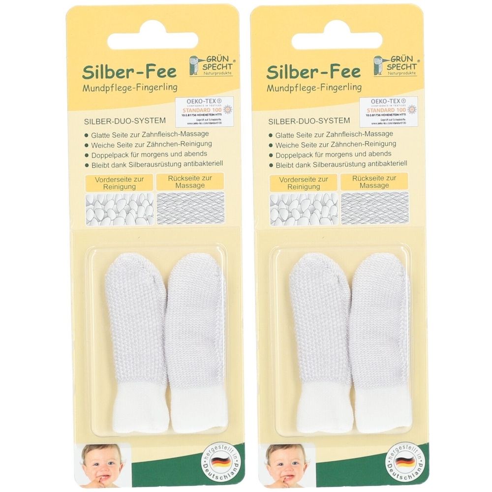 Zwei Mundpflege-Fingerlinge in Verpackung. Weißes, gestricktes Material mit weißem Abschluss. Oeko-Tex-Siegel.