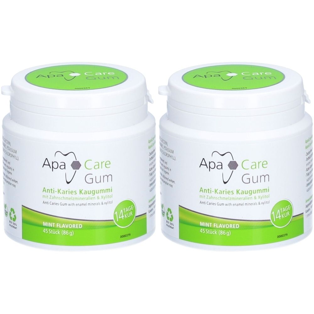Zwei weiße Dosen ApaCare Gum Anti-Karies Kaugummi. Aufschrift: Mint Flavored. Mit 14-Tage-Kur-Siegel.