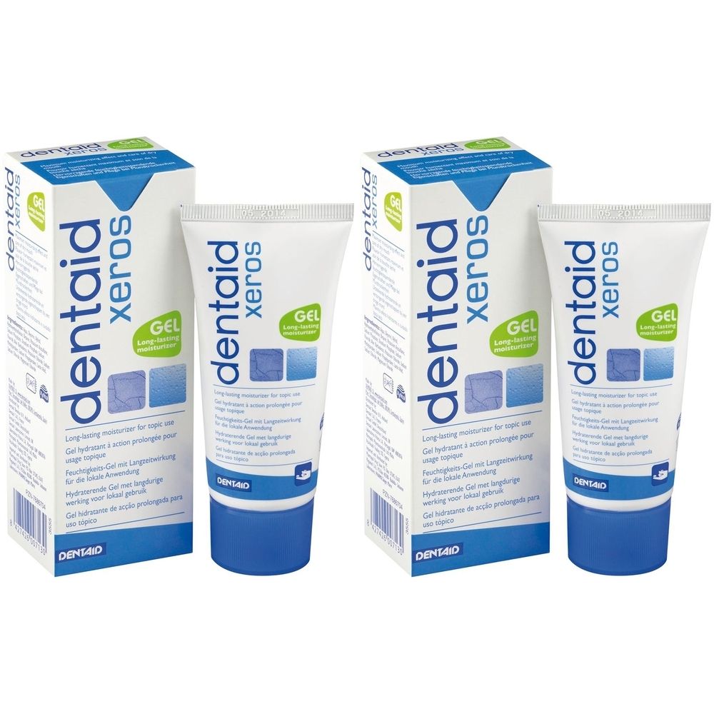 Zwei Tuben und Schachteln. Auf den Tuben und Schachteln steht "dentaid xeros GEL". Die Verpackung ist weiß und blau.