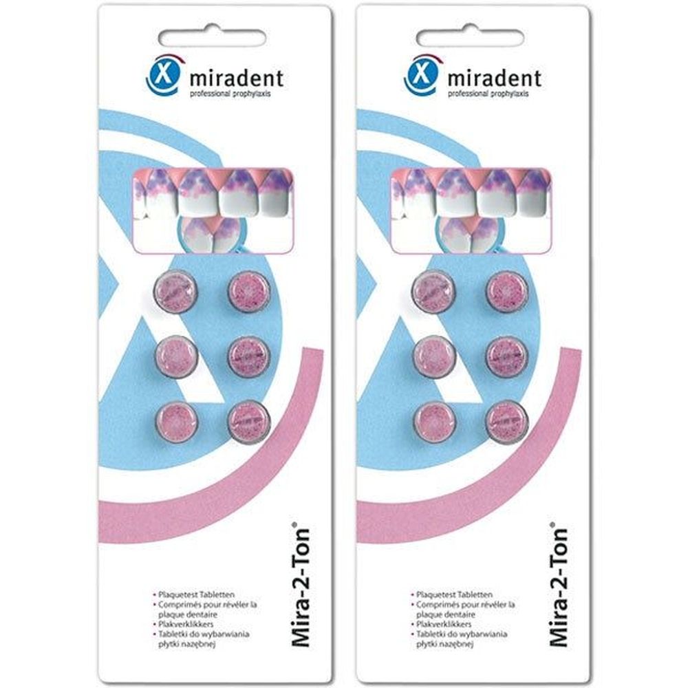 Zwei Packungen miradent Mira-2-Ton®. Jede Packung enthält Tabletten und eine Abbildung von Zähnen. Das Logo miradent ist oben links.