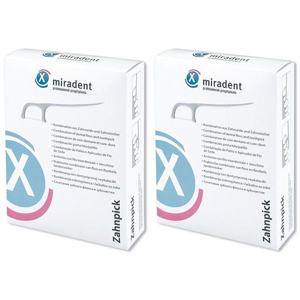 Zwei weiße Kartons mit Produktinformationen. Aufdruck: miradent, Zahnpick. Blaue und rosa Elemente.