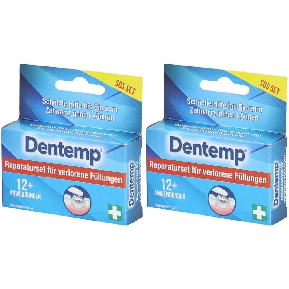 Zwei Dentemp Reparatursets für verlorene Füllungen. Blaue Verpackung mit Produktnamen, Text und Zahn-Illustration. SOS-Set.