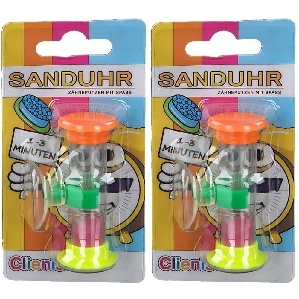 Zwei Clienis® Sanduhren, verpackt. Sanduhr mit orangefarbenem Deckel, grünem Mittelteil und gelbem Fuß. Aufschrift: Sanduhr, 1-3 Minuten.
