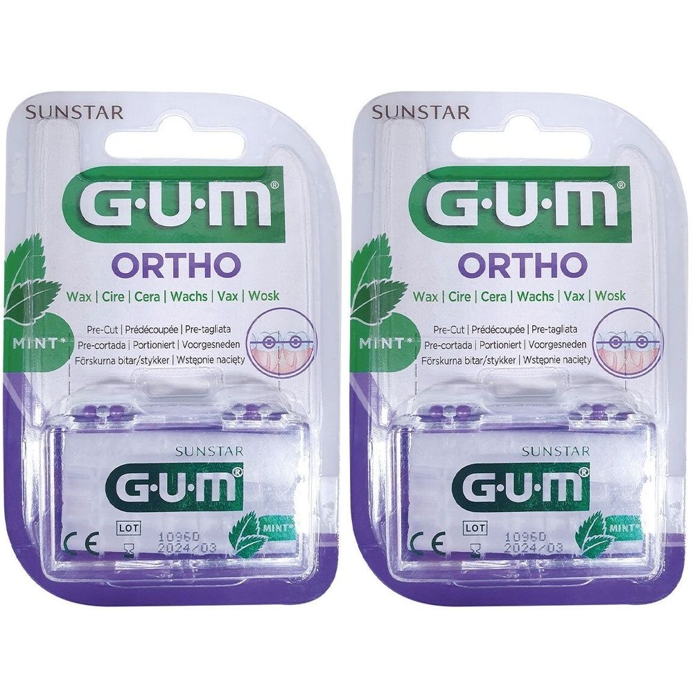 Zwei Packungen GUM Ortho Wachs Mint. Jede Packung enthält einen rechteckigen Behälter mit Wachs. Aufschrift: GUM, Ortho, Mint, SUNSTAR.