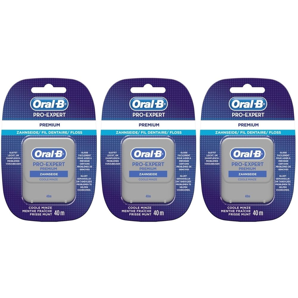 Drei Packungen Oral-B Pro-Expert Premium Zahnseide. Jede Packung enthält eine Dose mit 40 m Zahnseide.