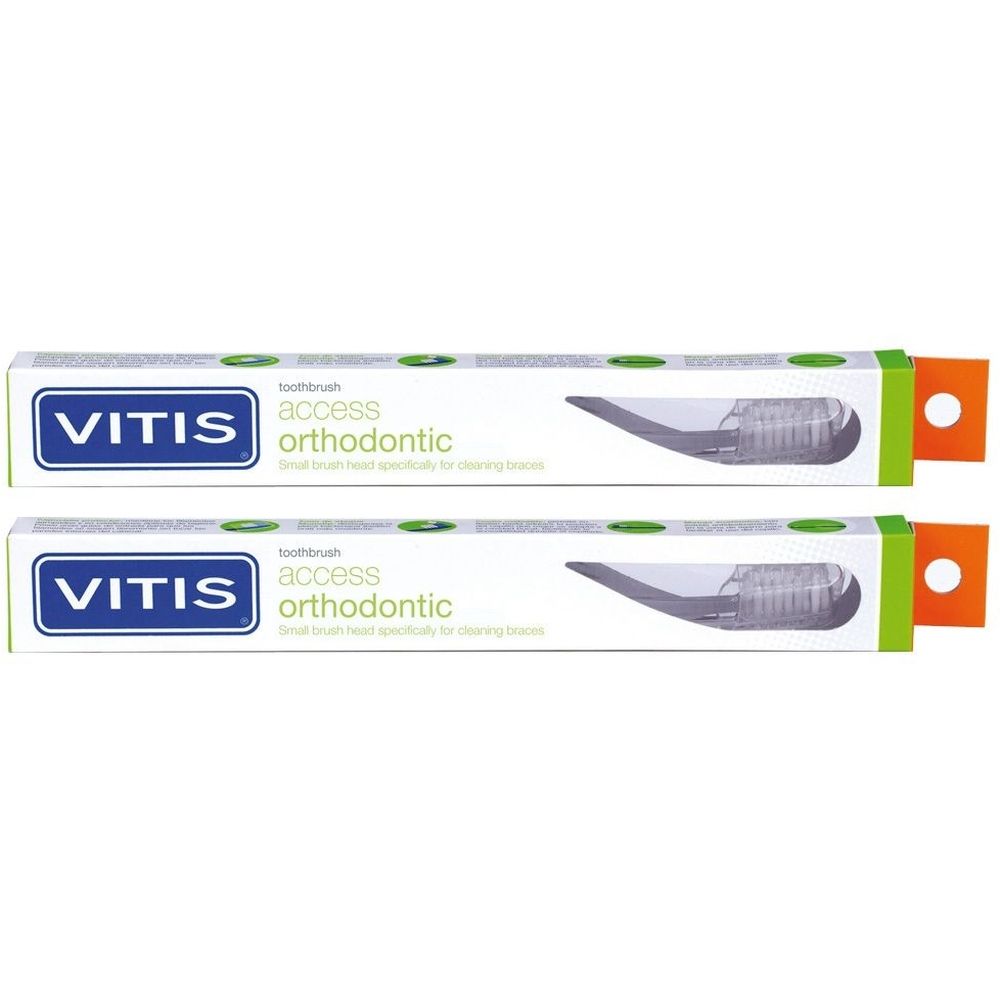 Zwei Zahnbürsten-Verpackungen. Aufschrift: VITIS access orthodontic. Kleine Bürstenköpfe für die Reinigung von Zahnspangen.
