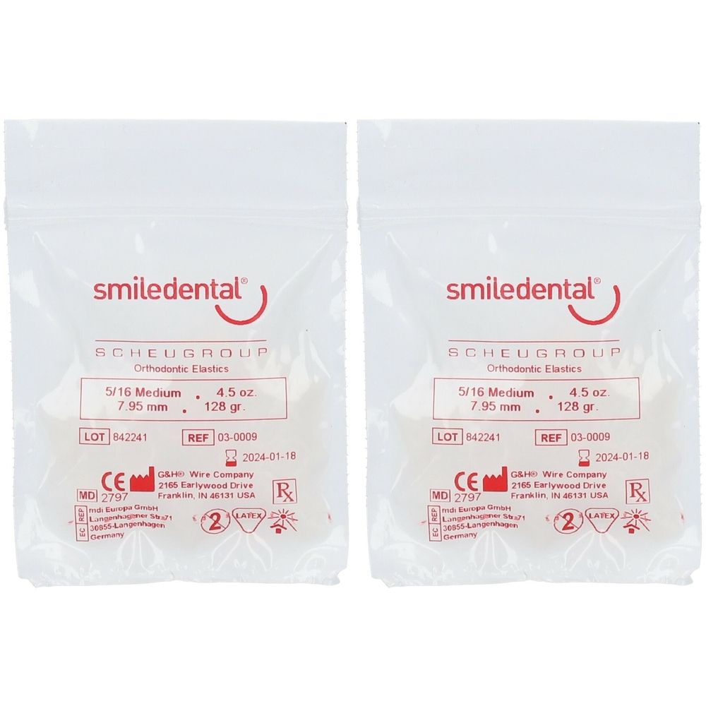 Zwei Beutel mit zahnmedizinischen Gummis. Aufschrift: smiledental, 5/16 Medium, 7,95 mm. Mit CE-Kennzeichnung und Chargennummer.
