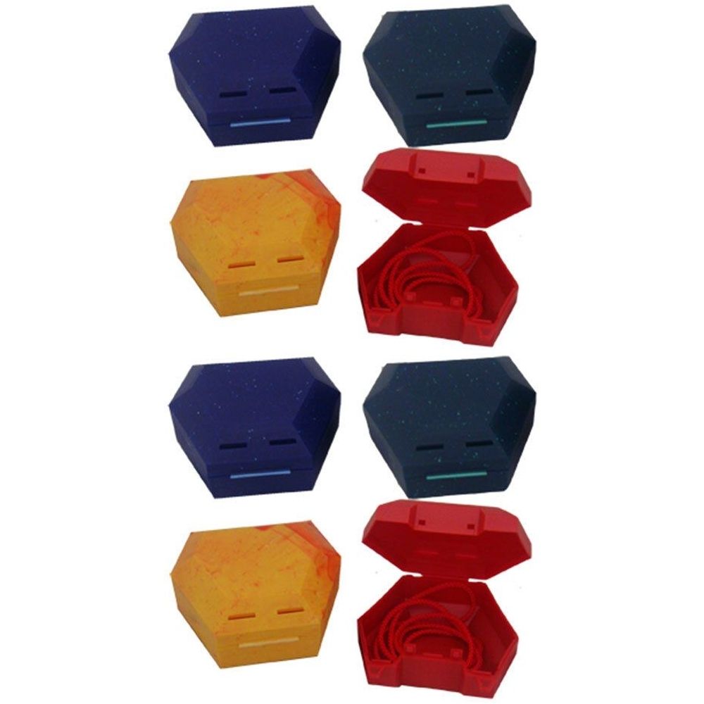 Mehrere sechseckige Zahnspangenboxen in Blau, Gelb und Rot. Einige sind geschlossen, andere offen mit roter Zahnspange.