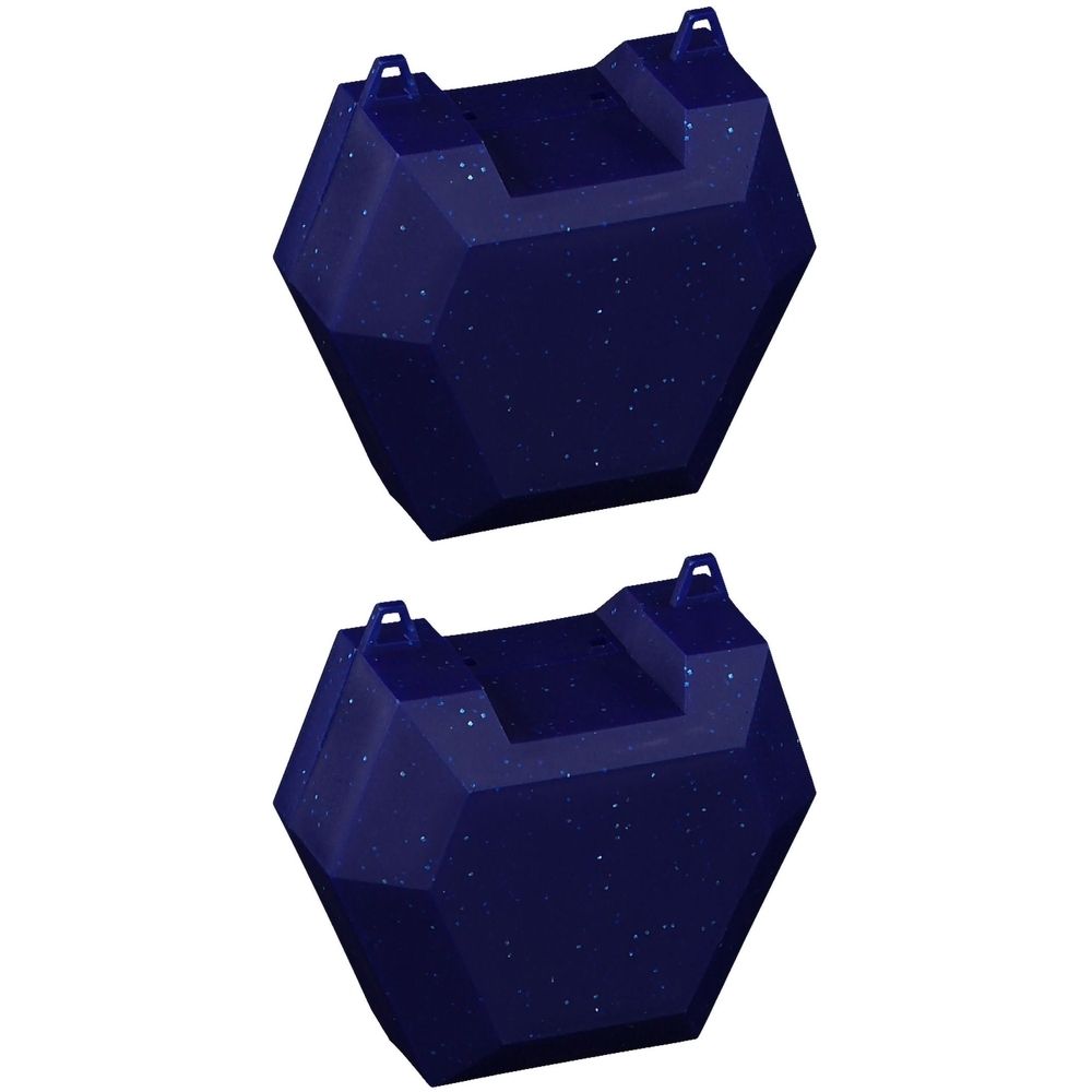 Zwei blaue, sechseckige Zahnspangenboxen mit Griffen. Die Boxen haben eine Aussparung und eine leicht strukturierte Oberfläche.