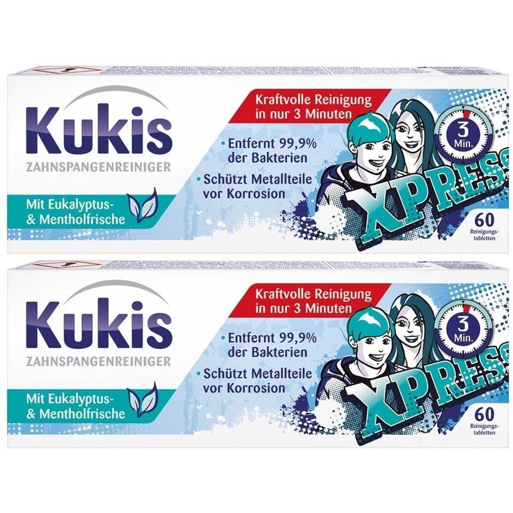 Zwei Packungen KUKIS Zahnspangenreiniger. Aufschrift: "Mit Eukalyptus- & Mentholfrische". Enthält 60 Tabletten. "XPRESS"-Logo.