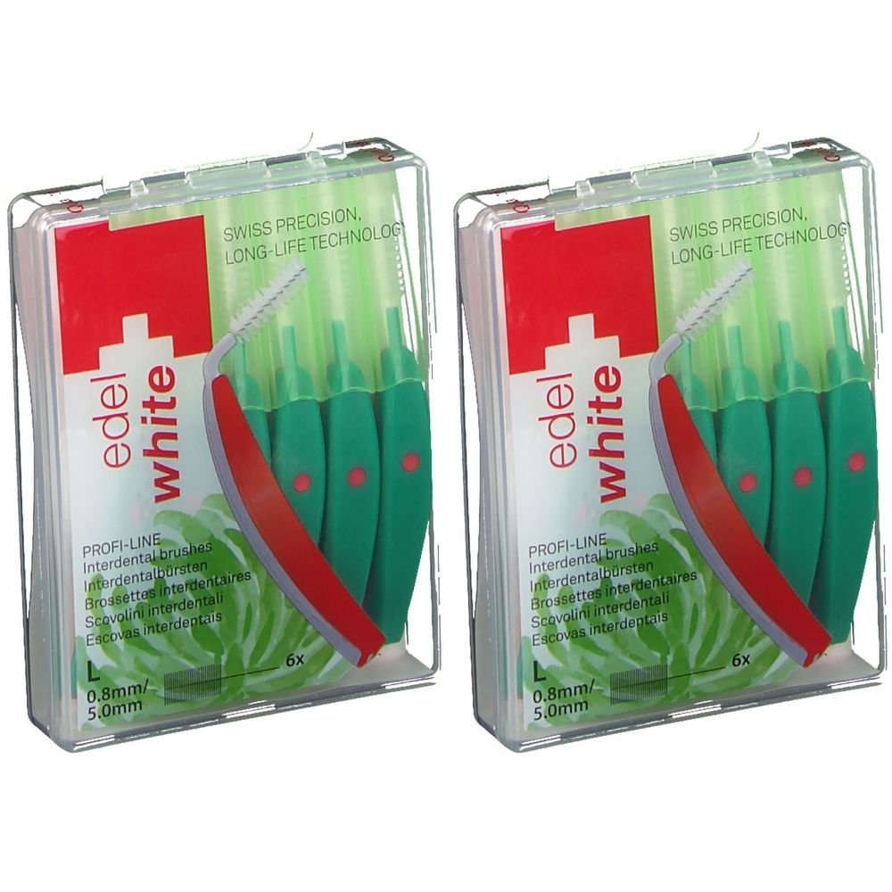 Zwei Packungen Interdentalbürsten. Jede Packung enthält sechs grüne Bürsten mit rotem Griff. Aufschrift: edel white, 0,8mm/5,0mm.