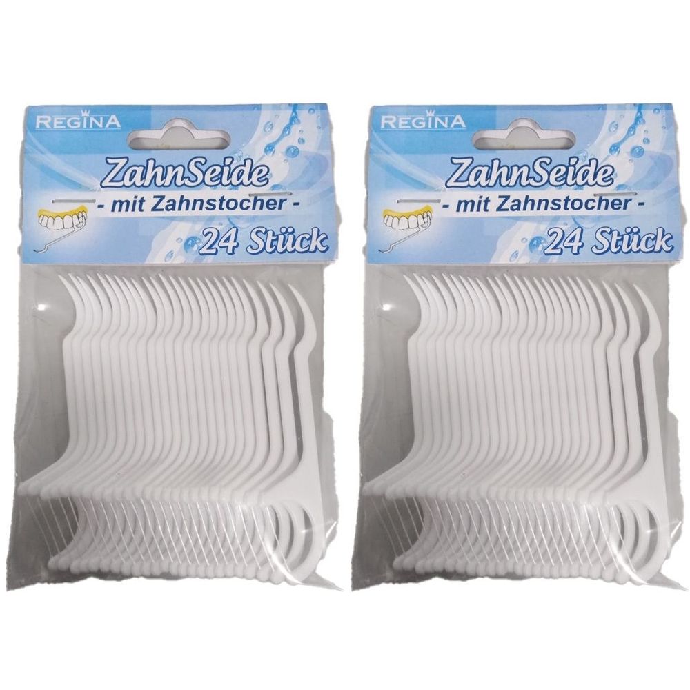 Zwei Packungen Zahnseide mit Zahnstocher. Jede Packung enthält 24 Stück. Marke: Regina. Weiße Kunststoff-Zahnseide.