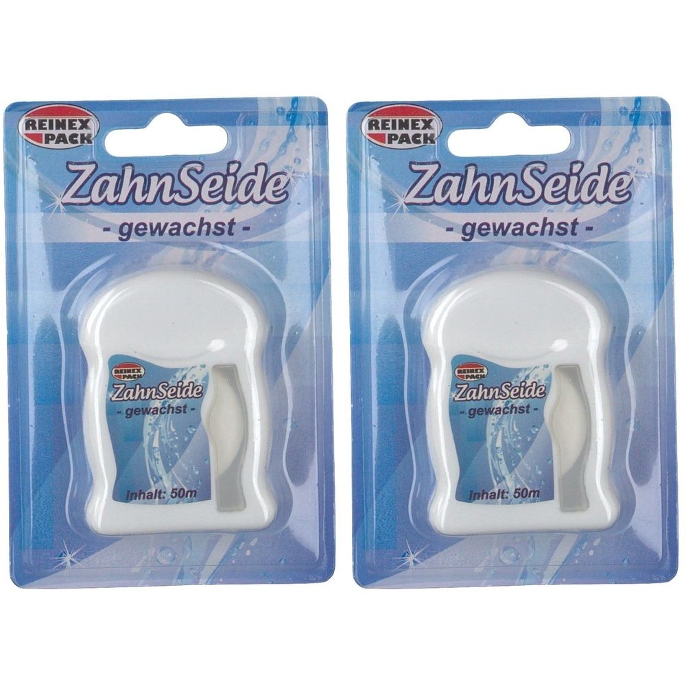 Zwei Packungen Zahnseide, gewachst, in Blisterverpackung. Aufdruck: REINEX PACK, ZahnSeide, Inhalt 50m.