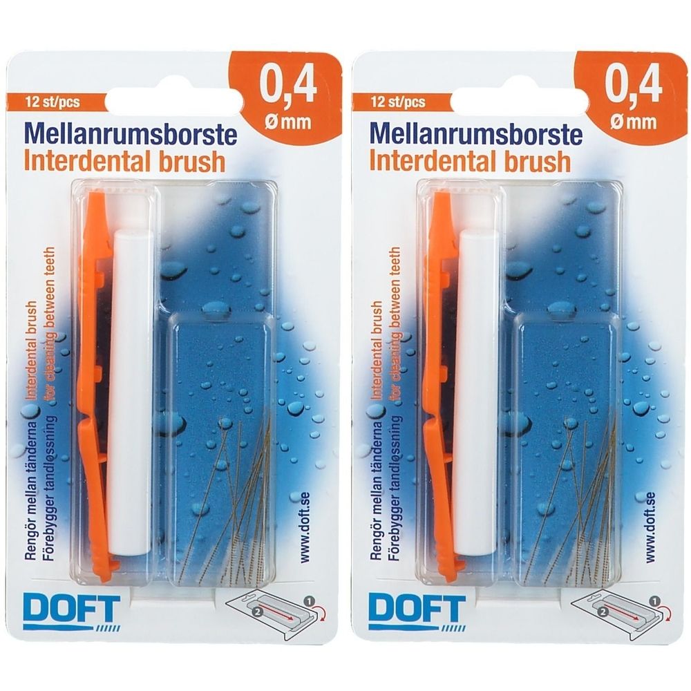 Zwei Blisterpackungen mit Interdentalbürsten. Orangefarbener Griff, weiße Bürste. Durchmesser 0,4 mm. 12 Stück pro Packung.