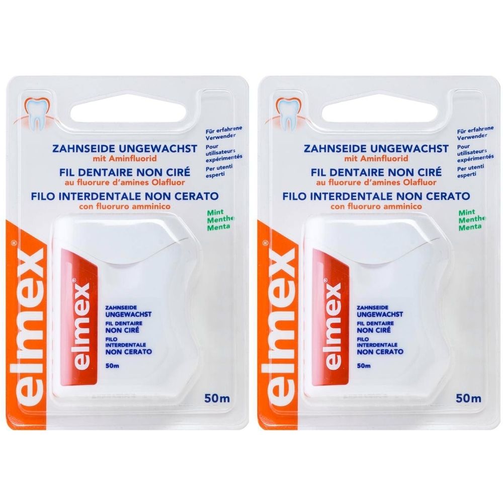 Zwei Packungen Zahnseide. Weiße Kunststoffbehälter mit rotem Akzent und Produktbezeichnung. Marke: elmex. Text in Deutsch, Französisch und Italienisch.