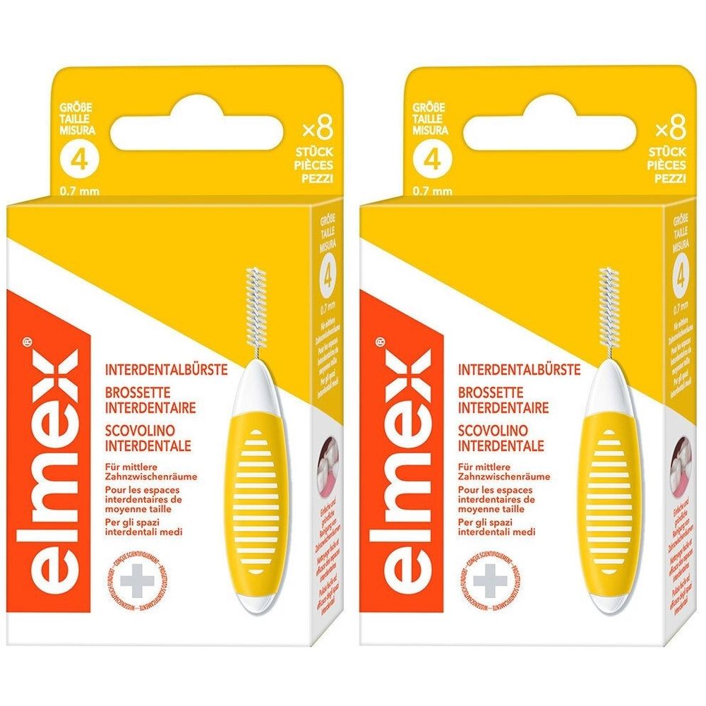 Zwei Packungen Interdentalbürsten. Gelbe Griffe, weiße Borsten. Aufschrift: elmex, Größe 4, 0,7 mm, 8 Stück.