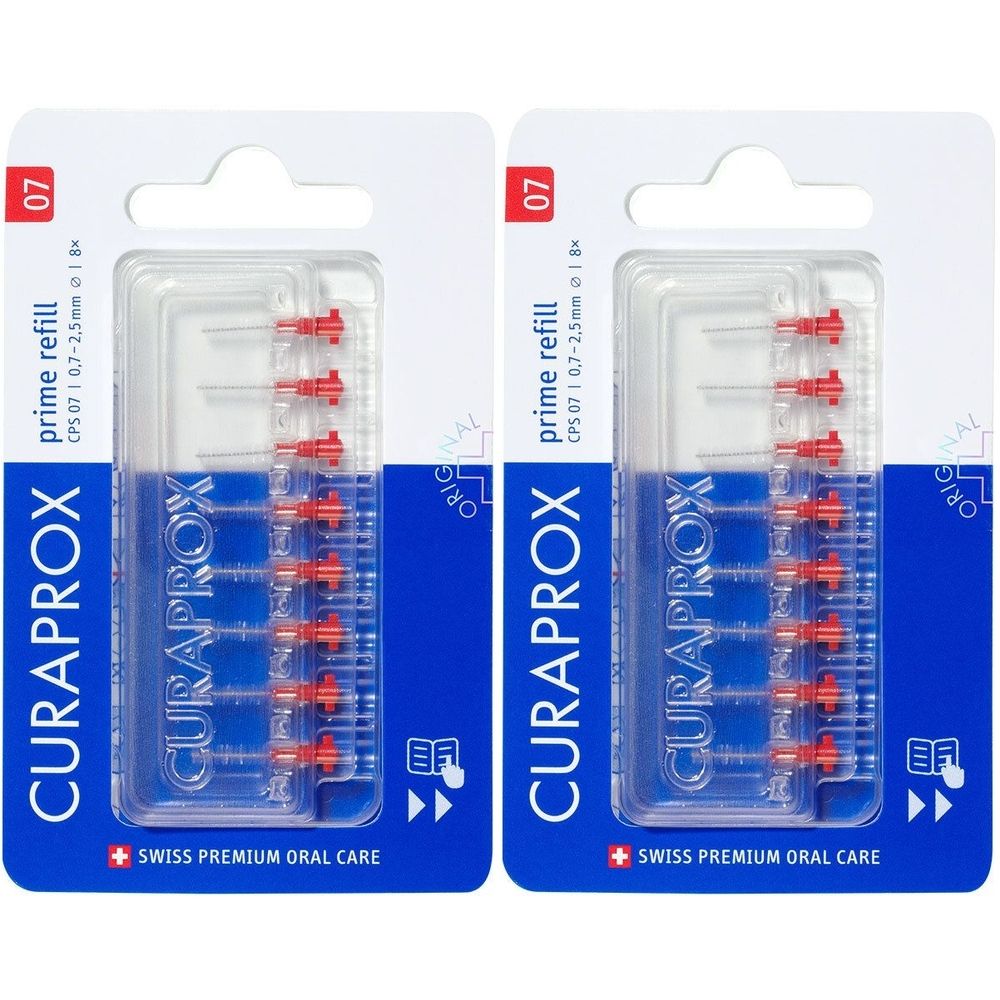 Zwei Packungen Interdentalbürsten-Nachfüllpackungen. Jede Packung enthält rote Bürstenköpfe in einer transparenten Blisterverpackung.